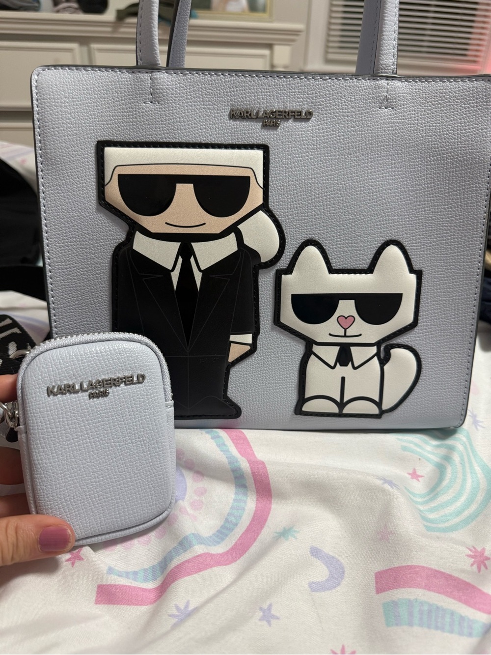 Karl Lagerfeld Light Gray Tote with Karl & Choupette Appliqués